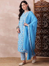 Blue Rayon Blend Floral Printed Straight Kurti Pant With Dupatta