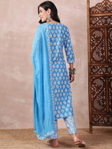 Blue Rayon Blend Floral Printed Straight Kurti Pant With Dupatta