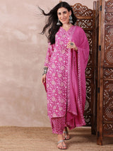 Pink Rayon Blend Floral Printed Straight Kurta Salwar With Dupatta