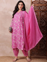 Pink Rayon Blend Floral Printed Straight Kurti Pant With Dupatta