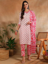 White Rayon Blend Floral Printed Straight Kurta Trouser With Dupatta