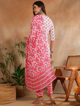 White Rayon Blend Floral Printed Straight Kurta Trouser With Dupatta