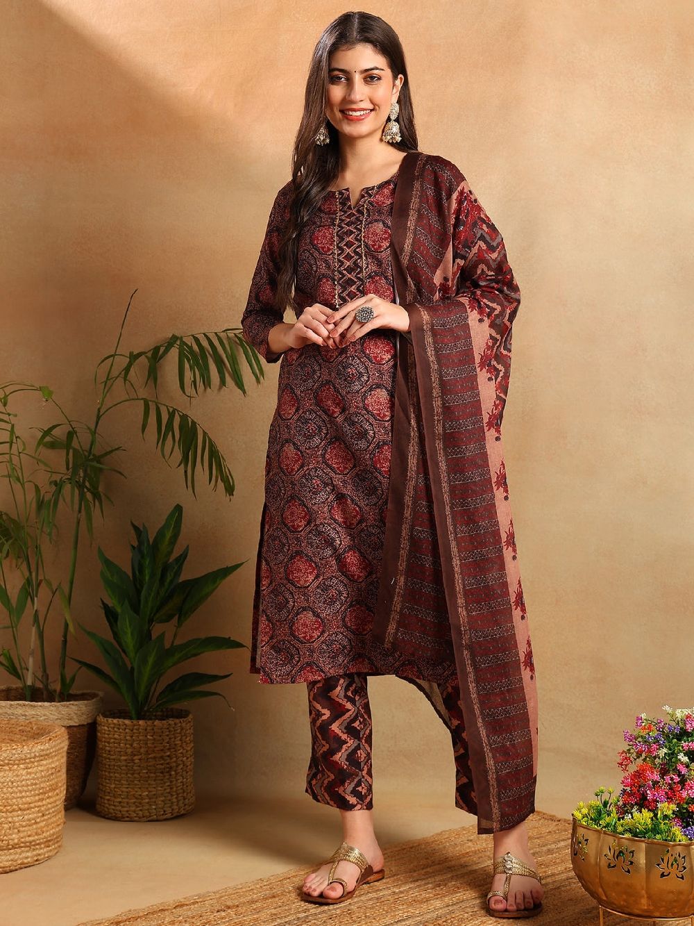 Multi Rayon Blend Floral Printed Straight Kurta Trousers With Dupatta