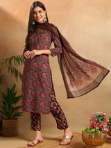 Multi Rayon Blend Floral Printed Straight Kurta Trousers With Dupatta