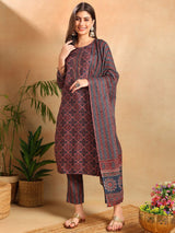 Blue Rayon Blend Ethnic Motifs Printed Straight Kurta Trousers With Dupatta