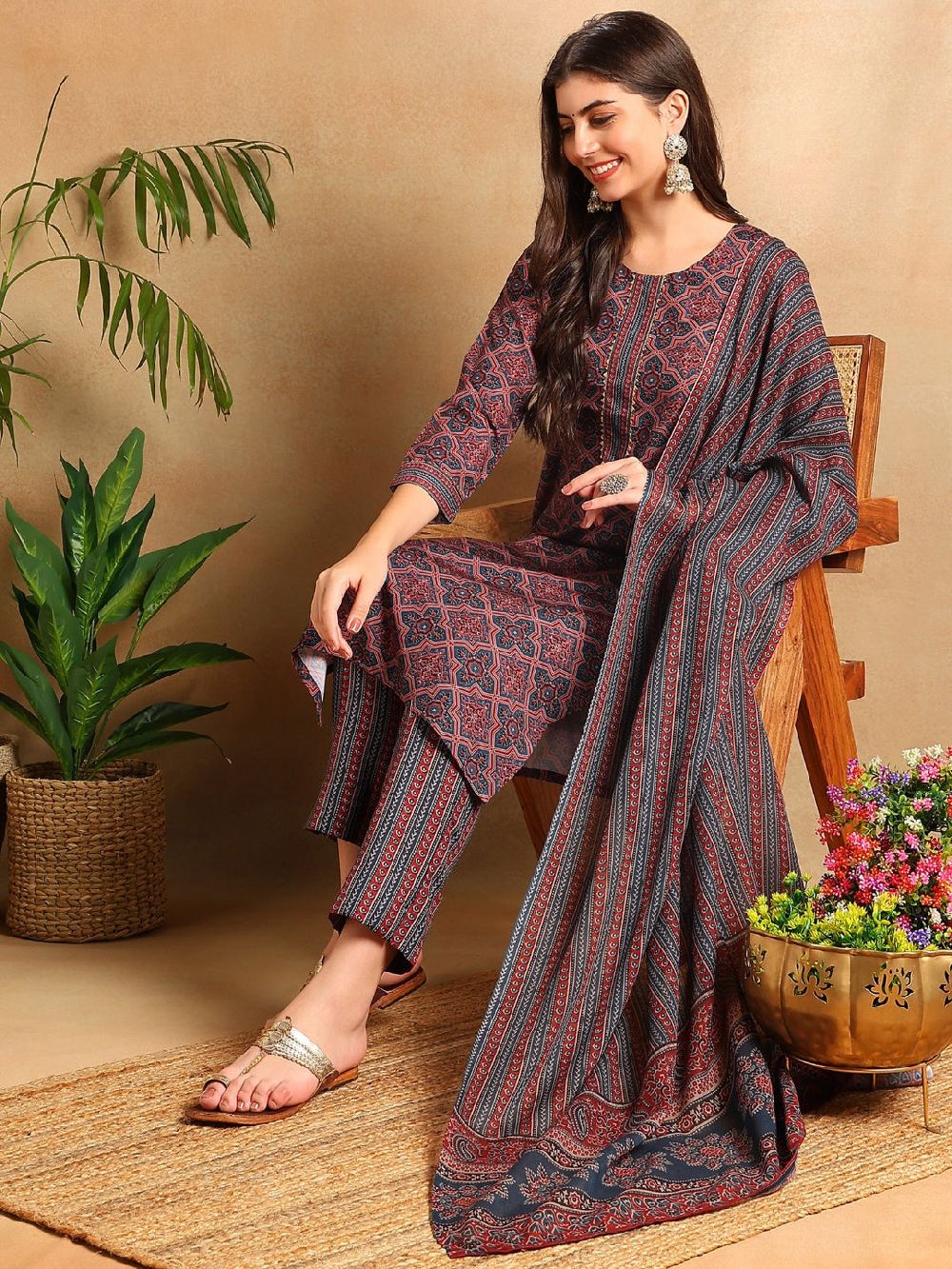 Blue Rayon Blend Ethnic Motifs Printed Straight Kurta Trousers With Dupatta