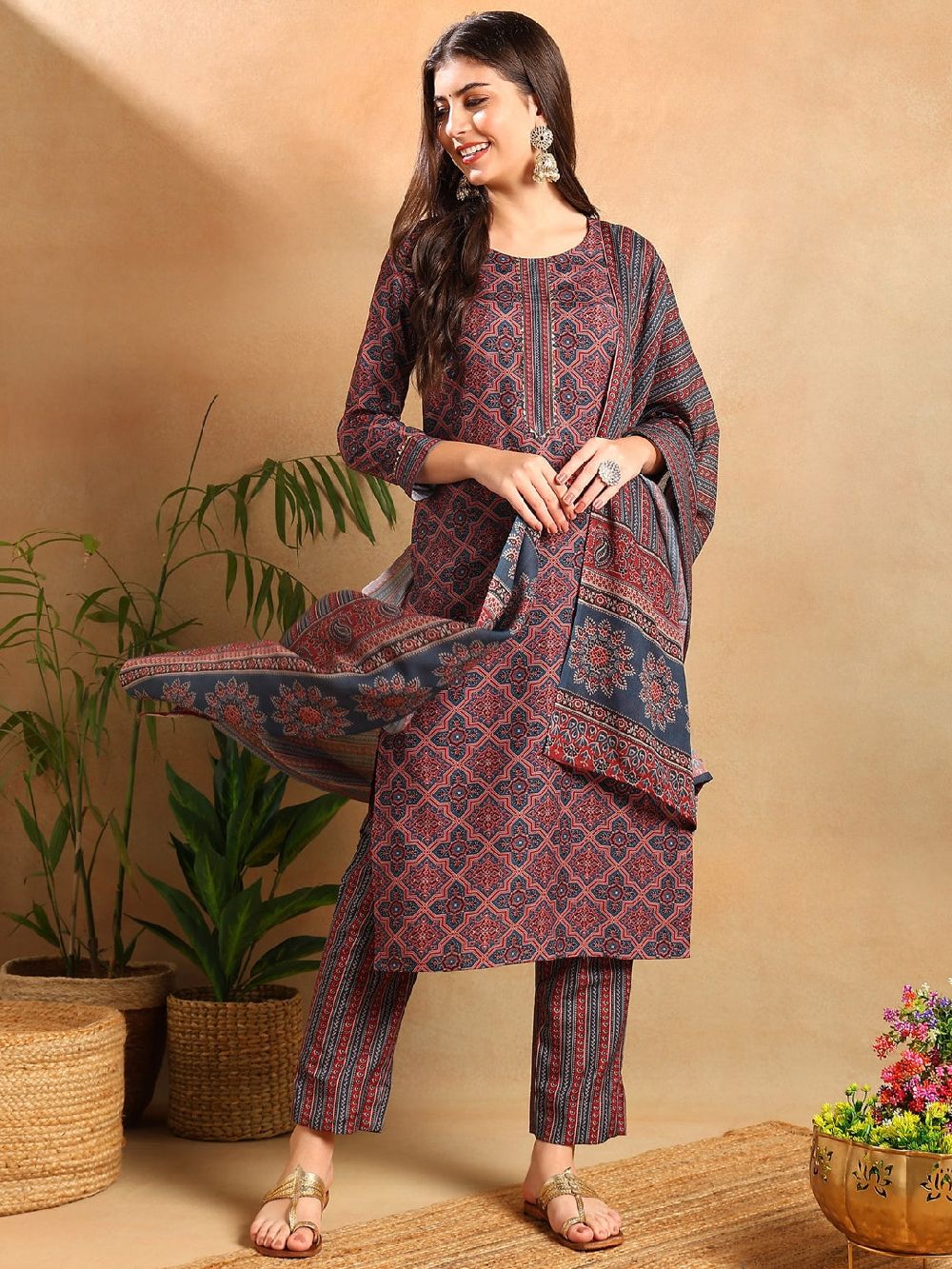 Blue Rayon Blend Ethnic Motifs Printed Straight Kurti Pants With Dupatta