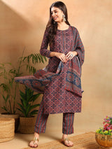 Blue Rayon Blend Ethnic Motifs Printed Straight Kurta Trousers With Dupatta