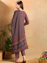 Blue Rayon Blend Ethnic Motifs Printed Straight Kurta Trousers With Dupatta