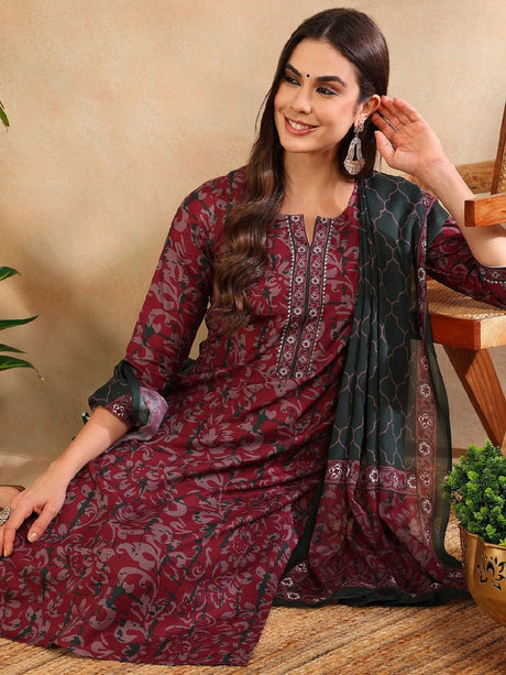 Magenta Rayon Blend Ethnic Motifs Printed Straight Kurta Trouser With Dupatta