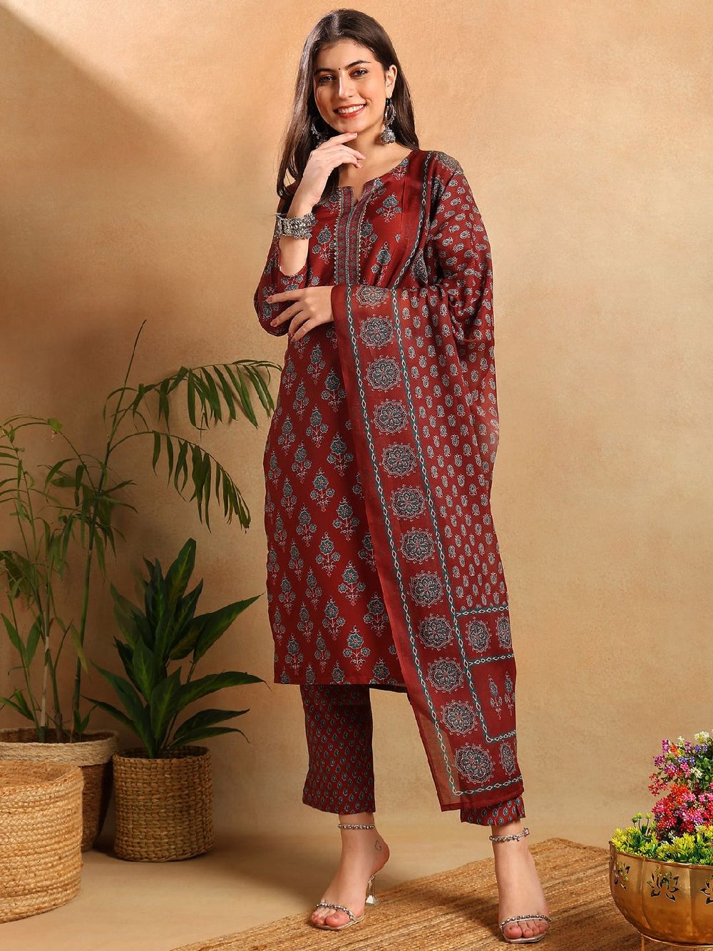 Brown Rayon Blend Floral Printed Straight Kurta Trousers With Dupatta