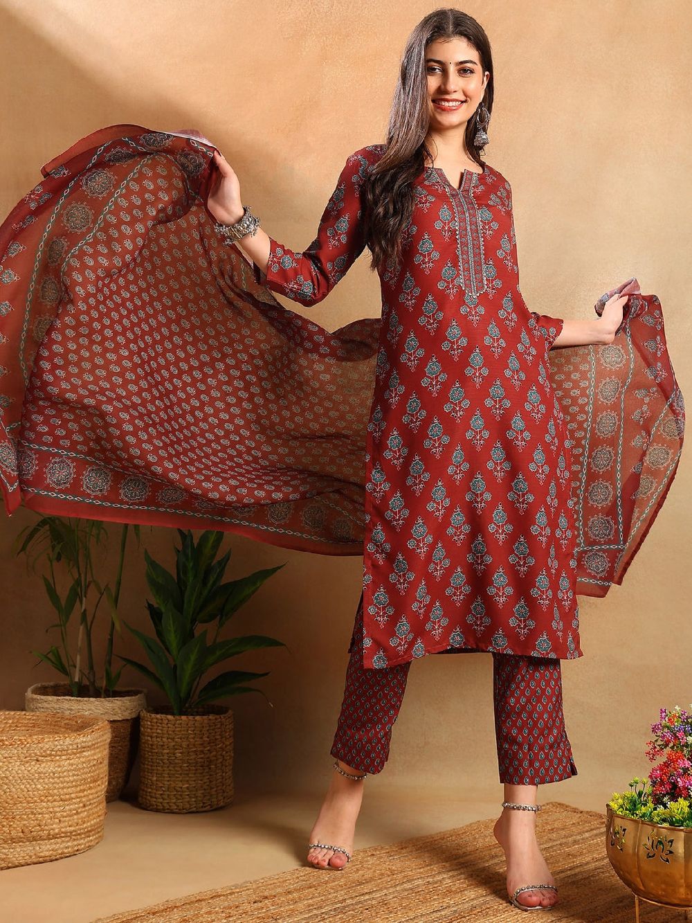 Brown Rayon Blend Floral Printed Straight Kurti Pants With Dupatta