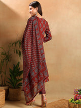 Brown Rayon Blend Floral Printed Straight Kurta Trousers With Dupatta