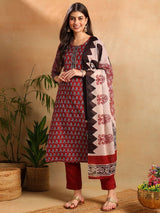 Maroon Rayon Blend Ethnic Motifs Printed Straight Kurti Pants With Dupatta