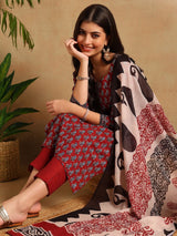 Maroon Rayon Blend Ethnic Motifs Printed Straight Kurta Trousers With Dupatta