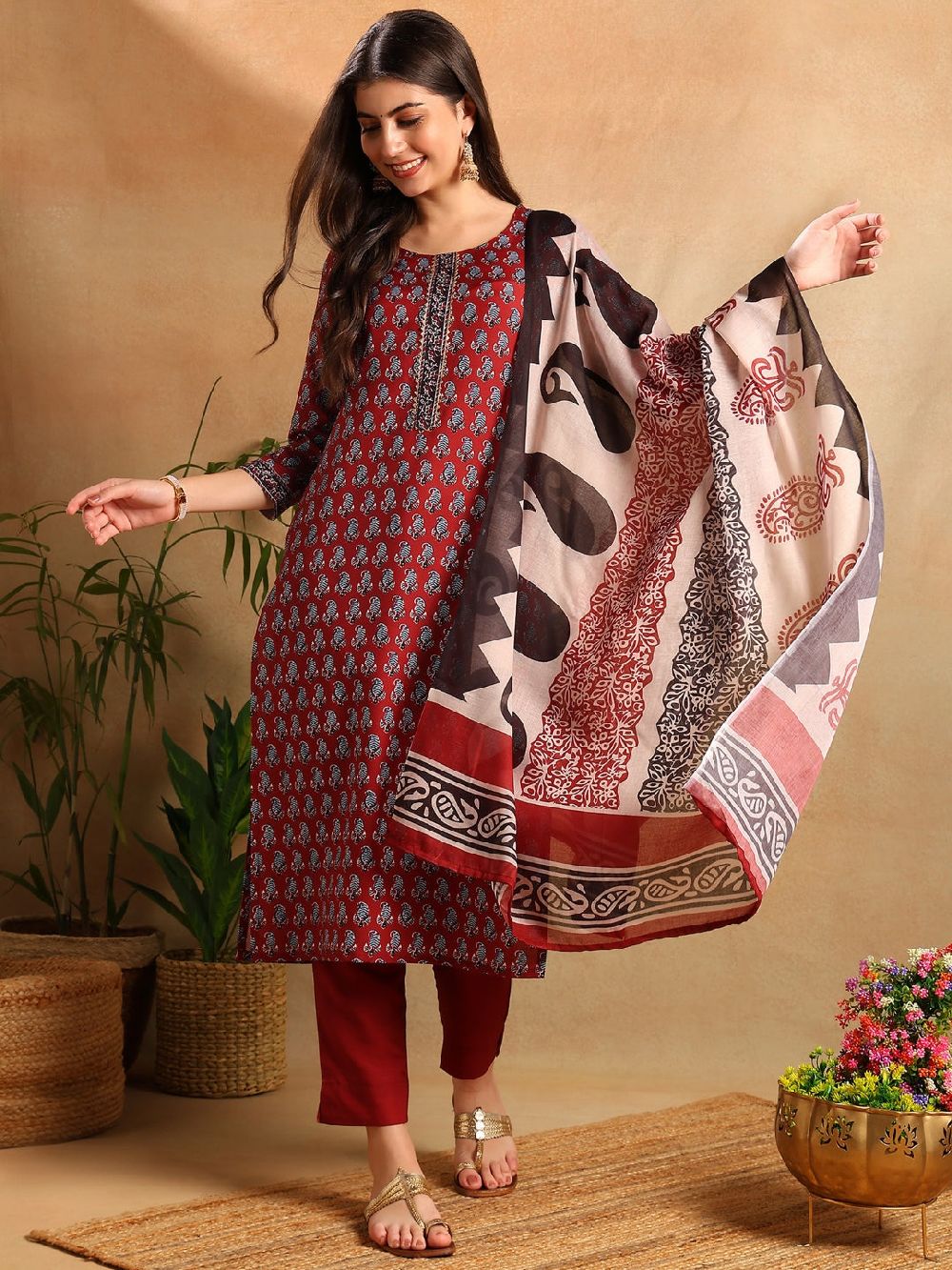 Maroon Rayon Blend Ethnic Motifs Printed Straight Kurta Trousers With Dupatta