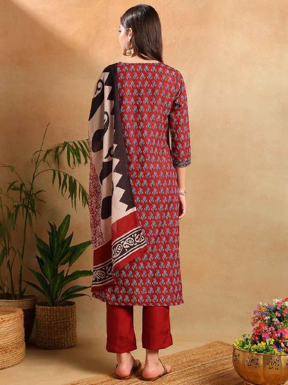 Maroon Rayon Blend Ethnic Motifs Printed Straight Kurta Trousers With Dupatta