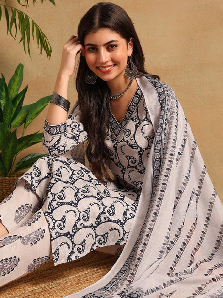 Navy Blue Rayon Blend Paisley Printed Straight Kurta Trousers With Dupatta