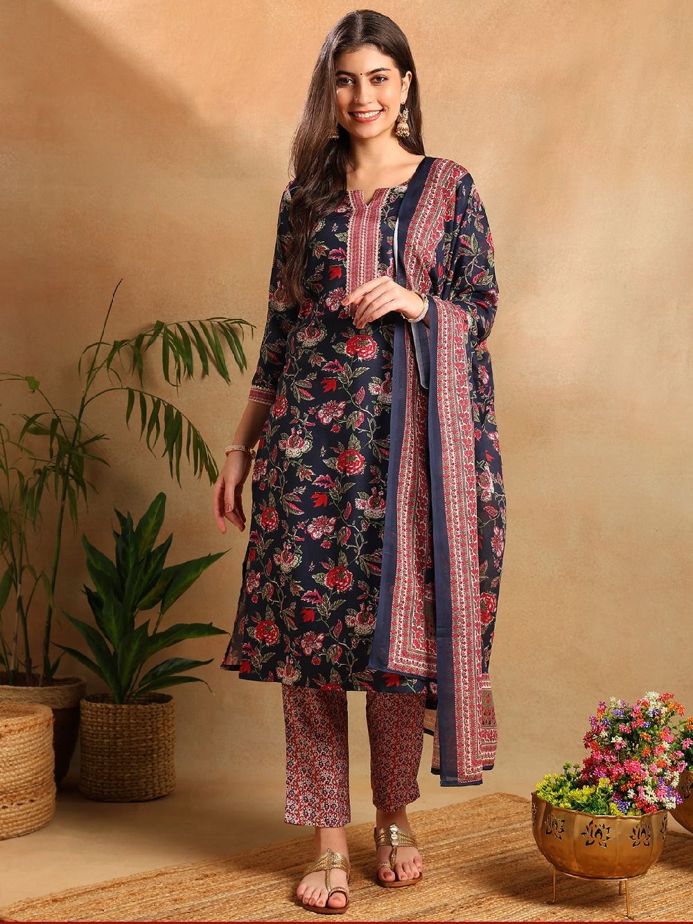 Navy Blue Rayon Blend Floral Printed Straight Kurta Trousers With Dupatta