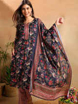 Navy Blue Rayon Blend Floral Printed Straight Kurta Trousers With Dupatta