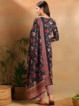 Navy Blue Rayon Blend Floral Printed Straight Kurta Trousers With Dupatta