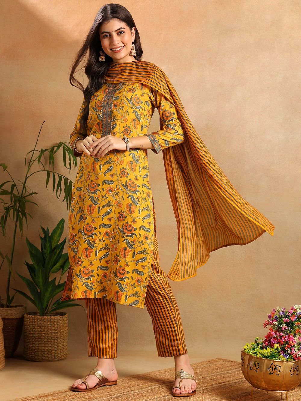 Yellow Rayon Blend Floral Printed Straight Kurta Trousers With Dupatta