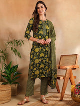 Green Rayon Blend Floral Printed Straight Kurta Trouser With Dupatta