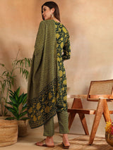 Green Rayon Blend Floral Printed Straight Kurti Pant With Dupatta