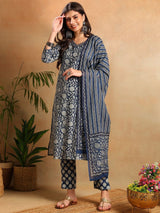 Navy Blue Rayon Blend Floral Printed Straight Kurta Trousers With Dupatta