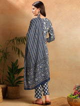 Navy Blue Rayon Blend Floral Printed Straight Kurta Trousers With Dupatta