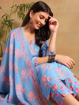 Blue Rayon Blend Floral Printed Straight Kurti Pants With Dupatta