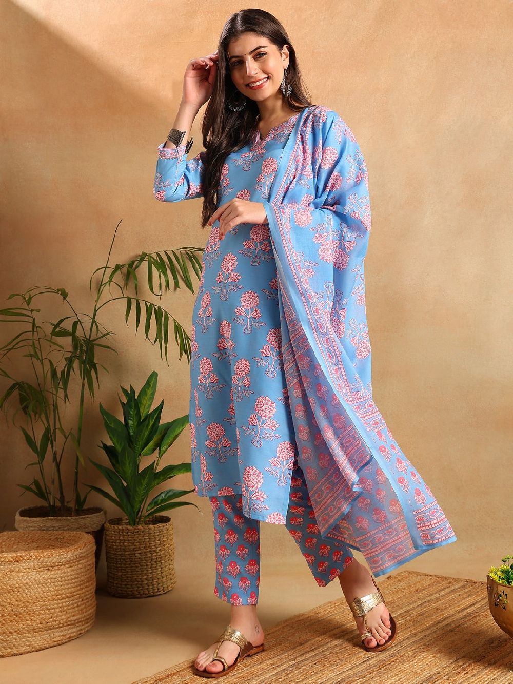 Blue Rayon Blend Floral Printed Straight Kurti Pants With Dupatta