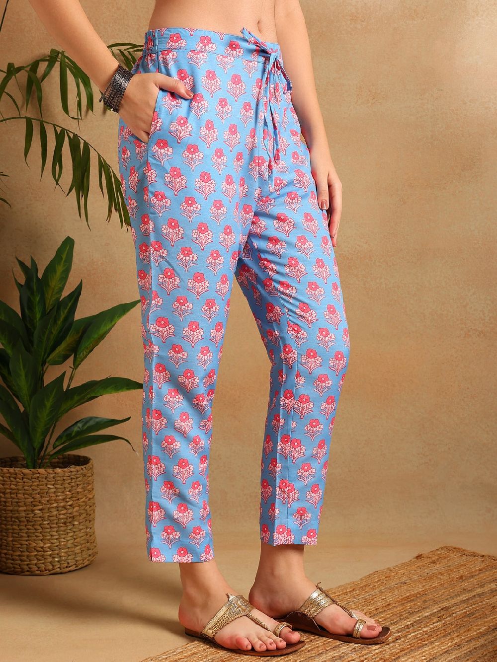 Blue Rayon Blend Floral Printed Straight Kurta Trousers With Dupatta