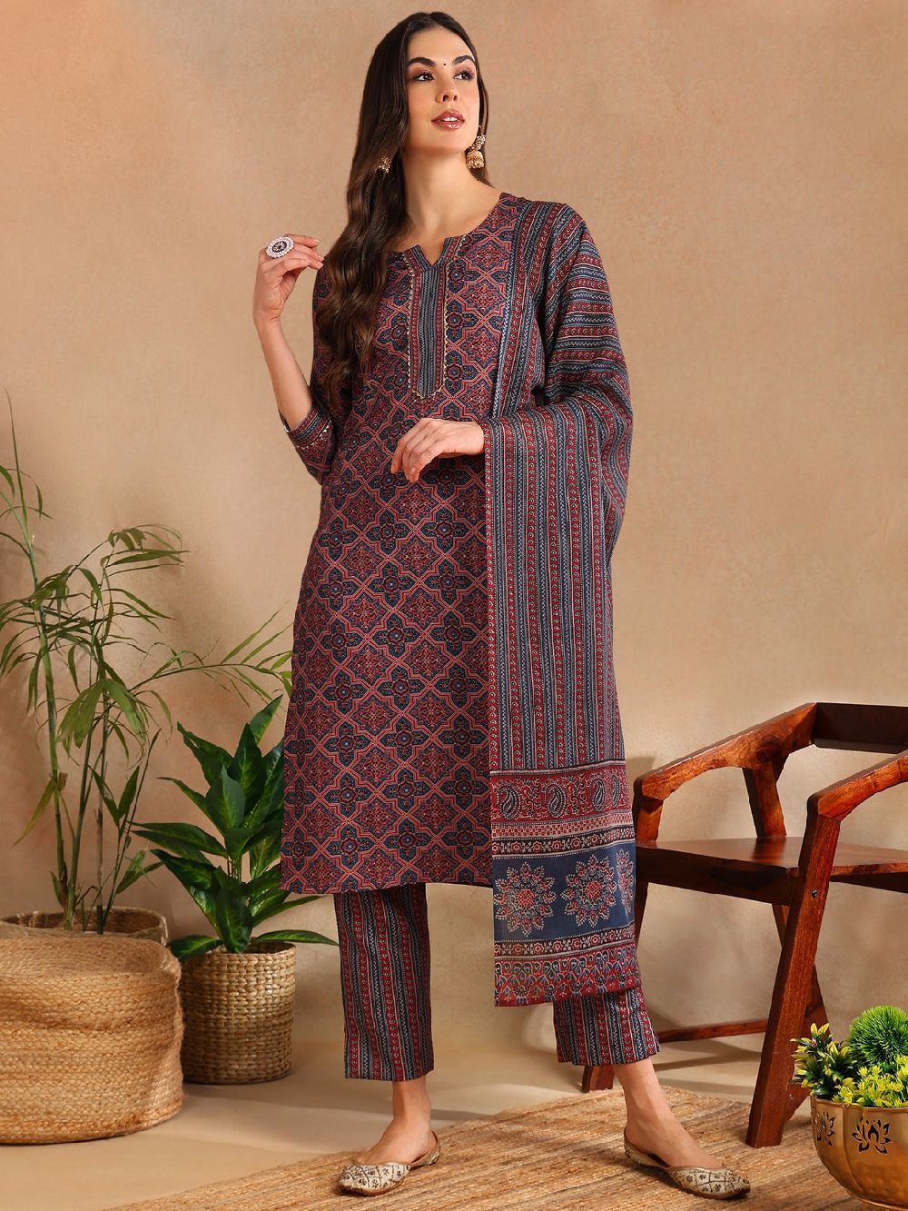 Maroon Rayon Blend Ajrakh Printed Straight Kurta Trouser With Dupatta