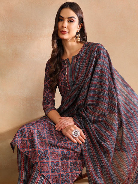 Maroon Rayon Blend Ajrakh Printed Straight Kurta Trouser With Dupatta