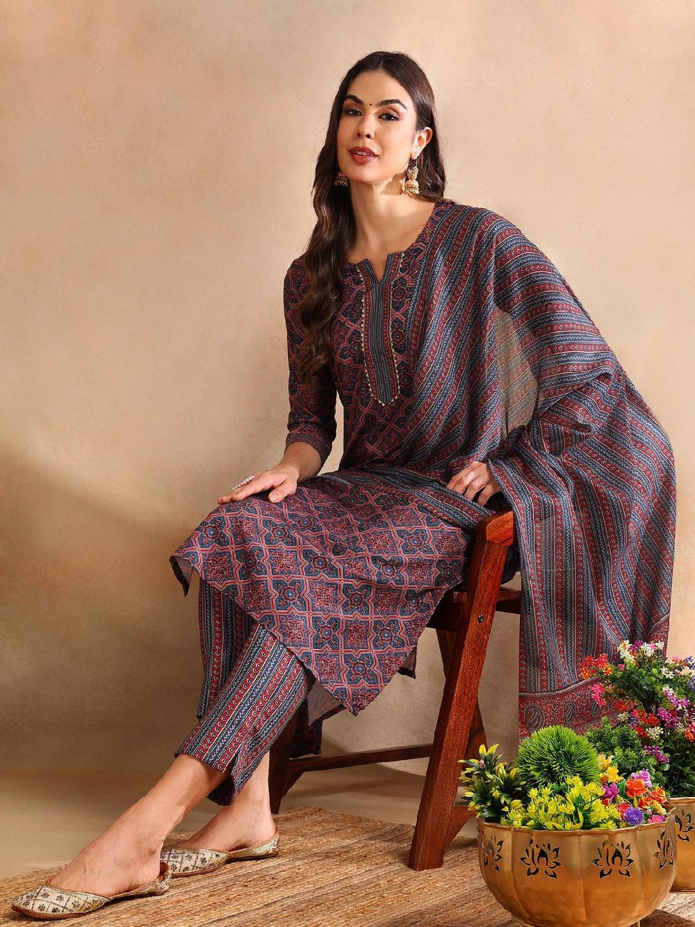 Maroon Rayon Blend Ajrakh Printed Straight Kurta Trouser With Dupatta