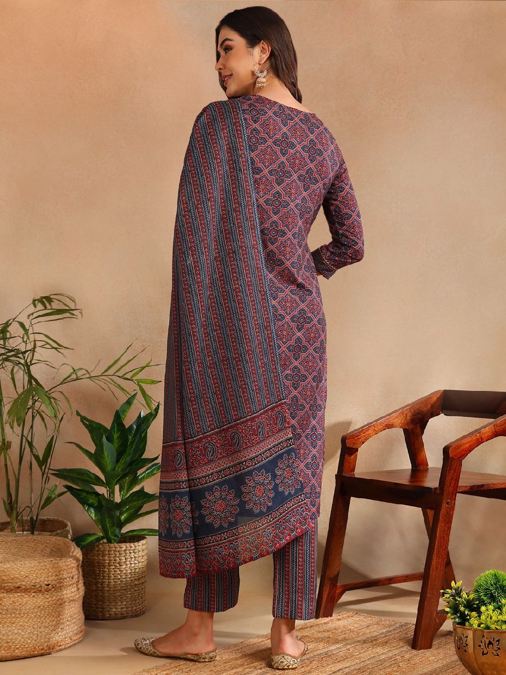 Maroon Rayon Blend Ajrakh Printed Straight Kurta Trouser With Dupatta