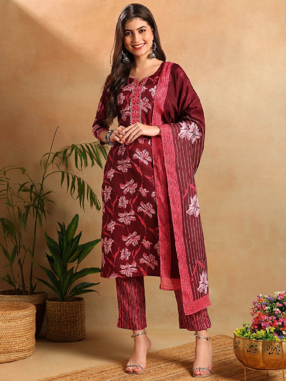 Maroon Rayon Blend Floral Printed Straight Kurta Trousers With Dupatta