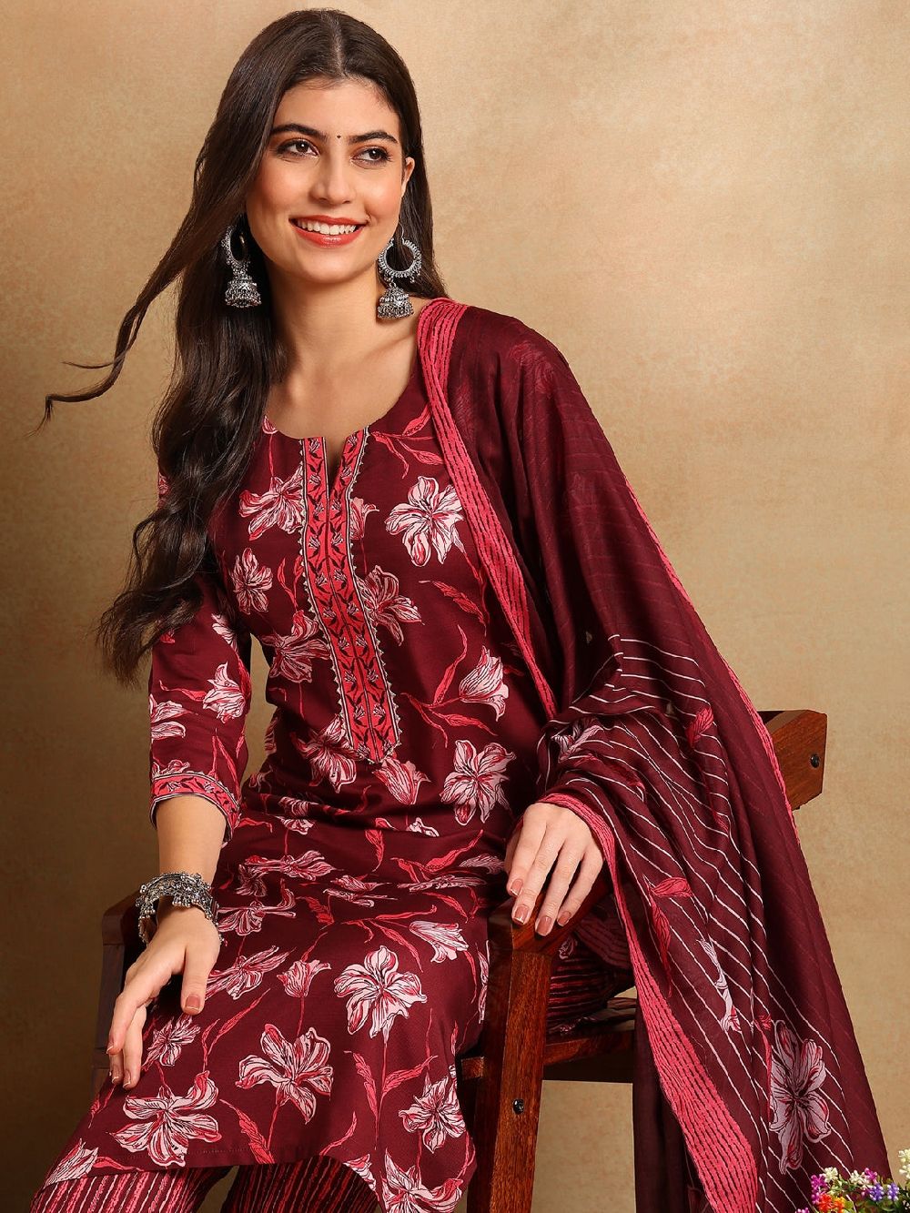 Maroon Rayon Blend Floral Printed Straight Kurta Trousers With Dupatta