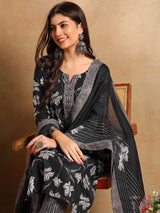 Black Rayon Blend Floral Printed Straight Kurta Trousers With Dupatta