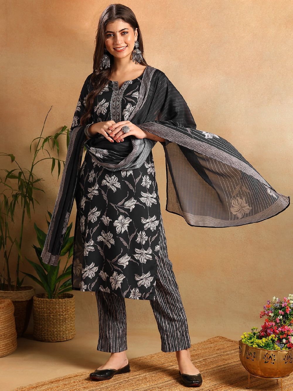 Black Rayon Blend Floral Printed Straight Kurta Trousers With Dupatta