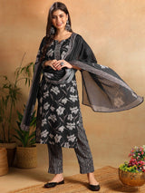 Black Rayon Blend Floral Printed Straight Kurta Trousers With Dupatta