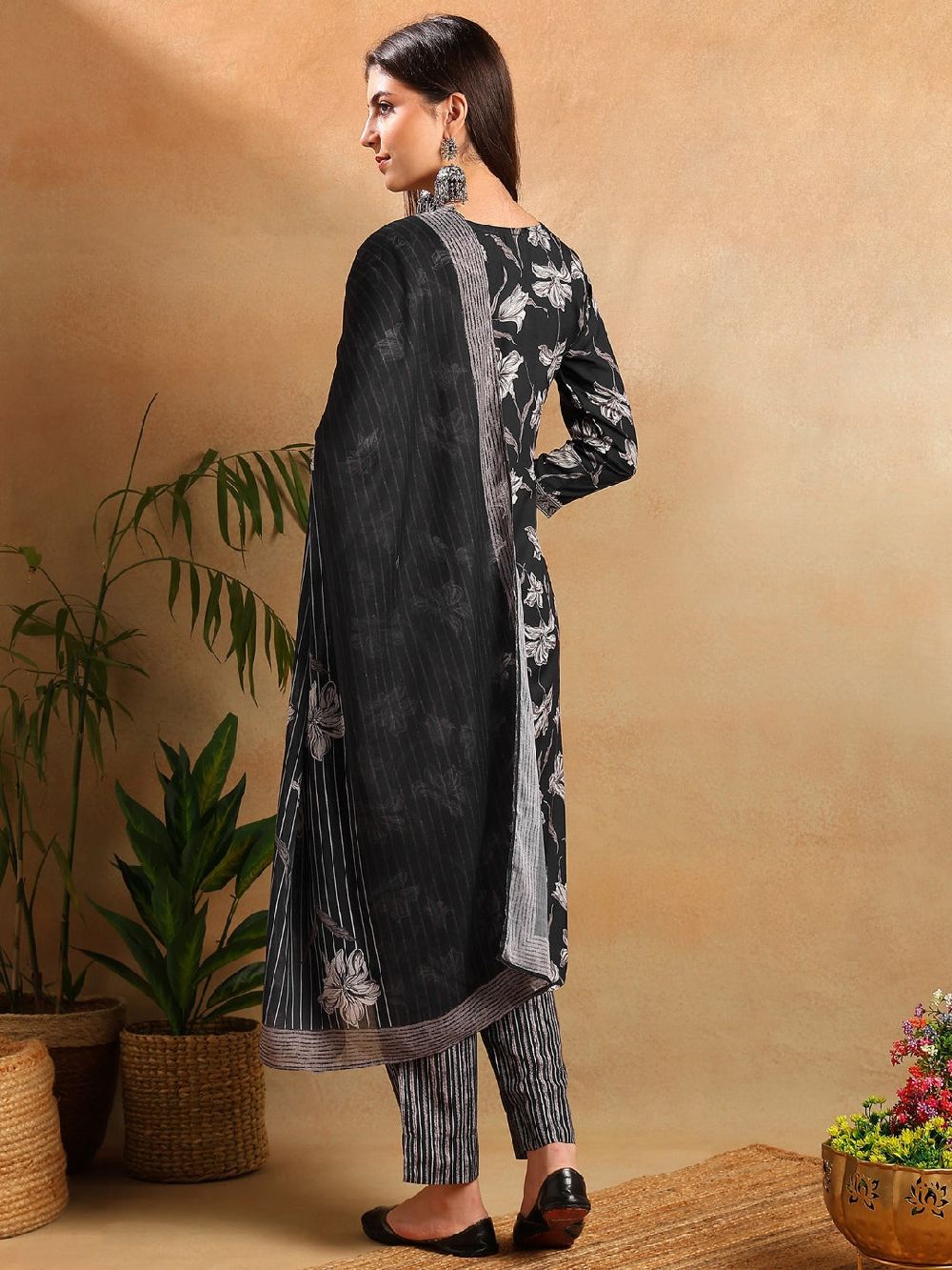 Black Rayon Blend Floral Printed Straight Kurta Trousers With Dupatta