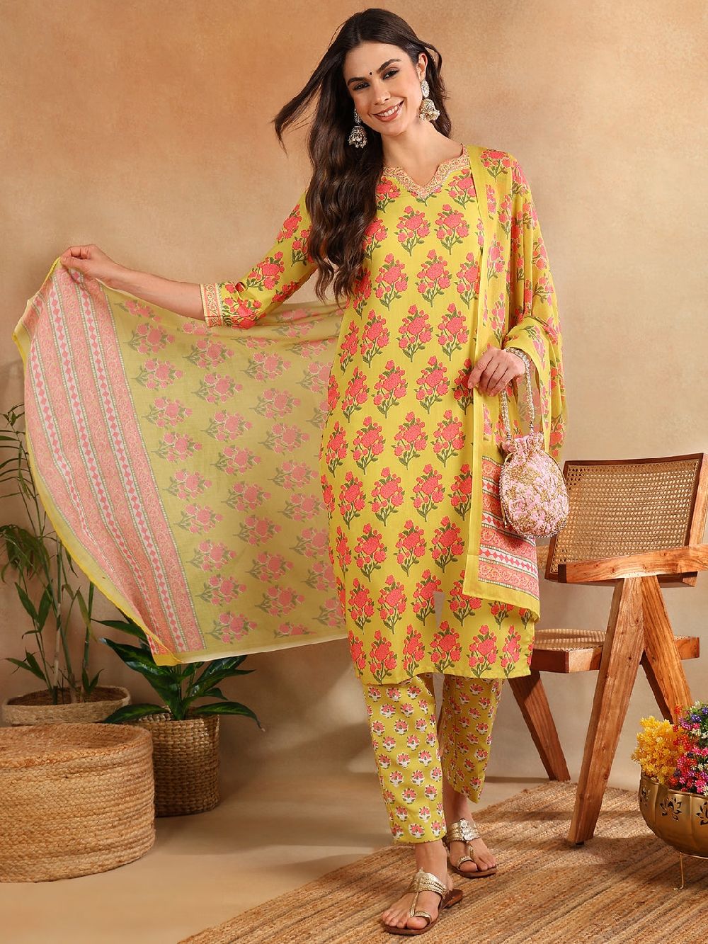 Green Rayon Blend Floral Printed Straight Kurta Trouser With Dupatta