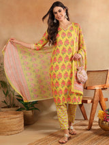 Green Rayon Blend Floral Printed Straight Kurta Trouser With Dupatta