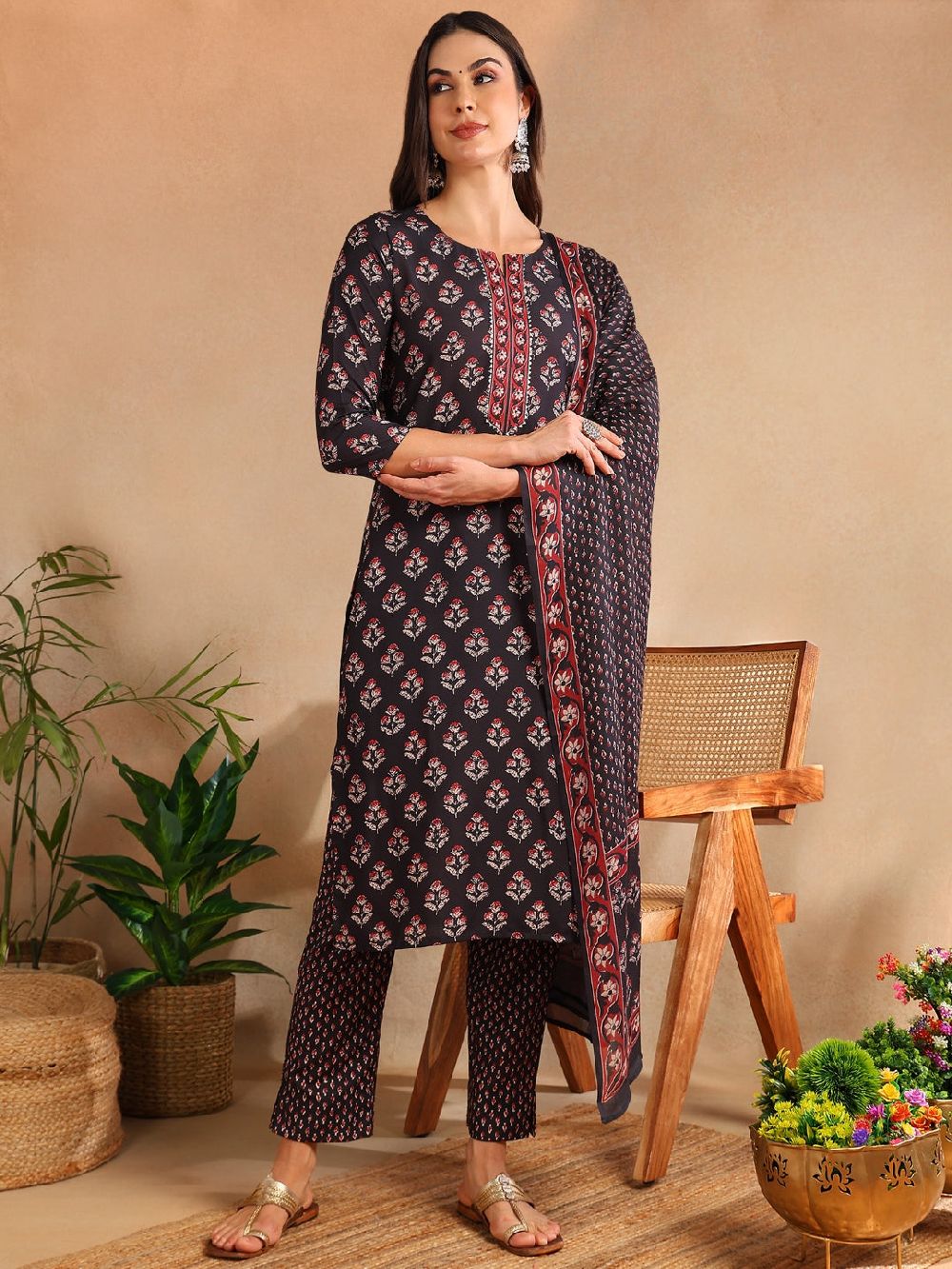 Black Rayon Blend Floral Printed Straight Kurta Trouser With Dupatta