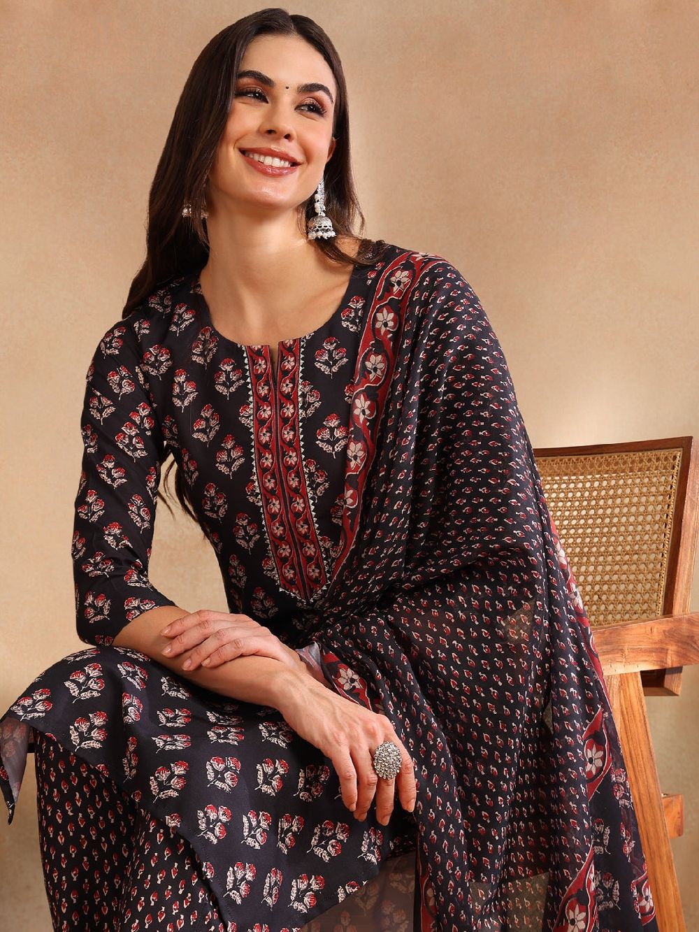 Black Rayon Blend Floral Printed Straight Kurta Trouser With Dupatta