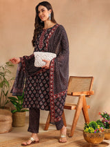 Black Rayon Blend Floral Printed Straight Kurta Trouser With Dupatta