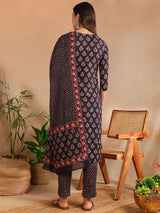 Black Rayon Blend Floral Printed Straight Kurta Trouser With Dupatta