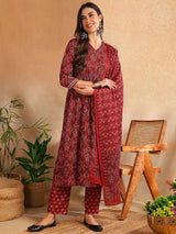 Red Rayon Blend Floral Printed A-Line Kurta Trouser With Dupatta